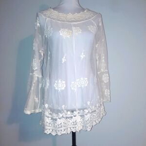 Romantic Sheer Blouse With Bell Sleeves Size 1XL
